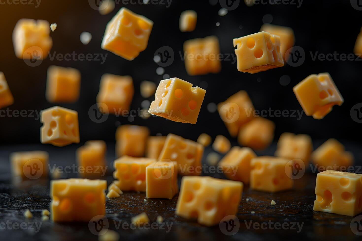 Floating cheese cubes in mid-air with a dynamic motion effect photo