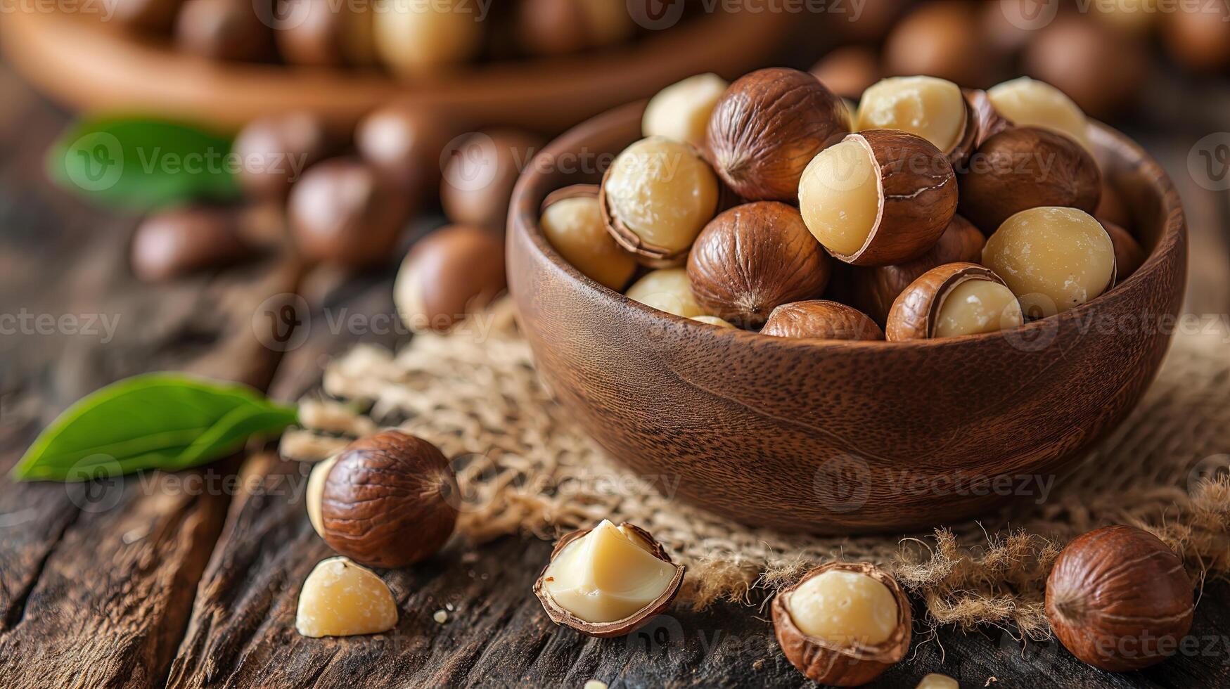 macadamia nuts in wooden bowl on the wooden table with leaves photo