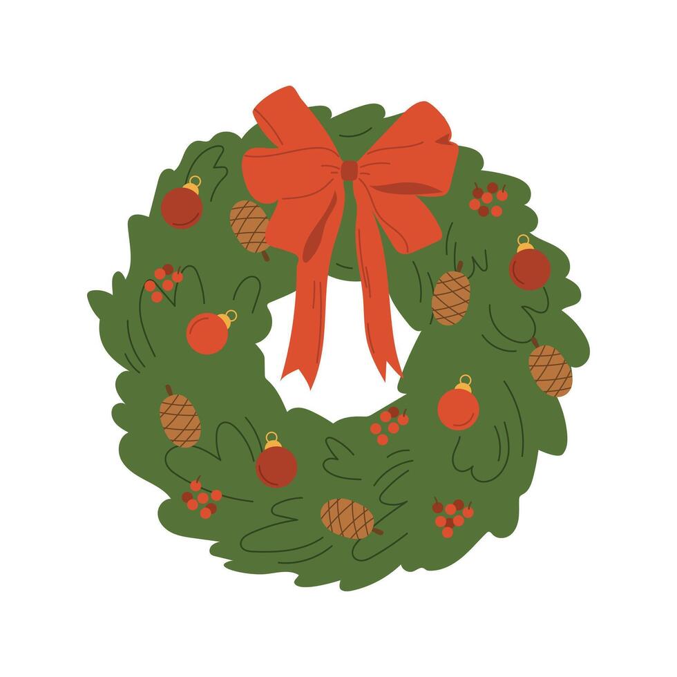 Christmas Wreath with Red Bow and Ornaments, festive Christmas wreath illustration features a classic green wreath adorned with a red bow, ornaments, pine cones, and berries vector