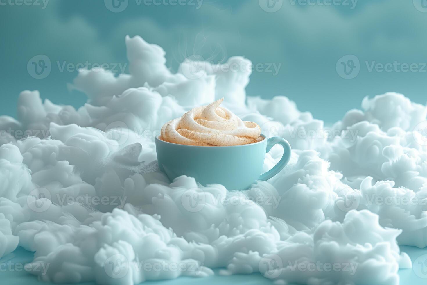 Cup of coffee on the clouds background. 3D illustration. photo