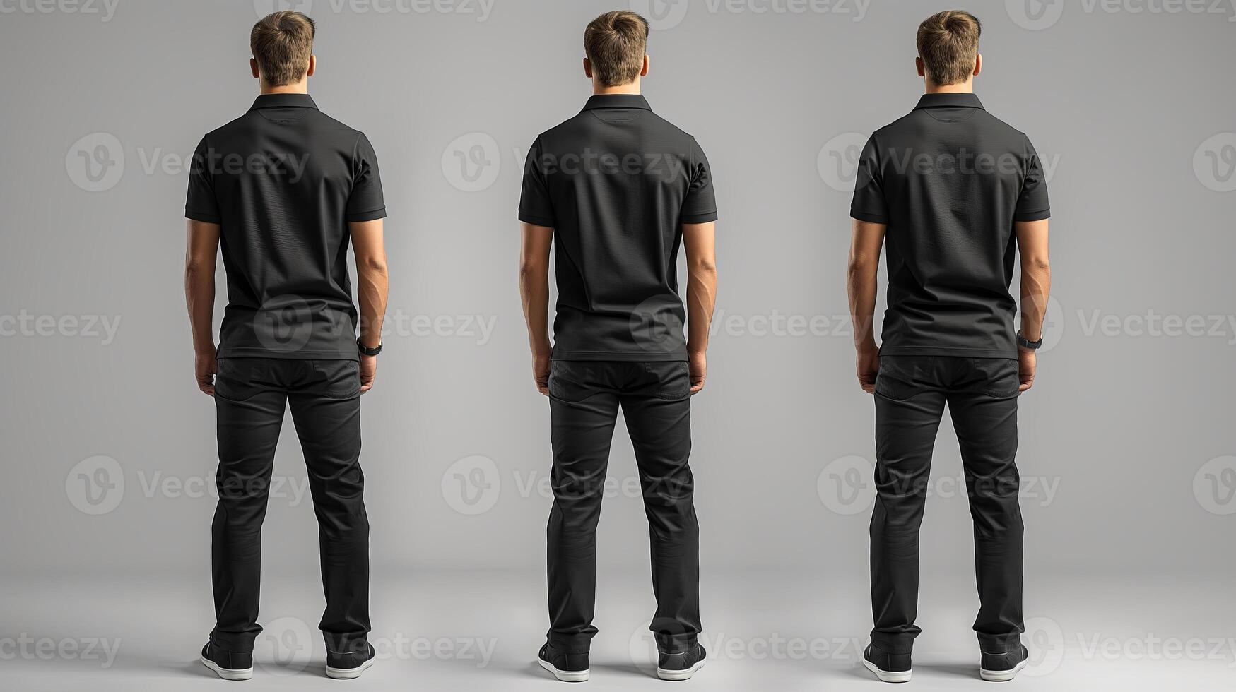 back black t-shirt mockup on a white background. three men photo