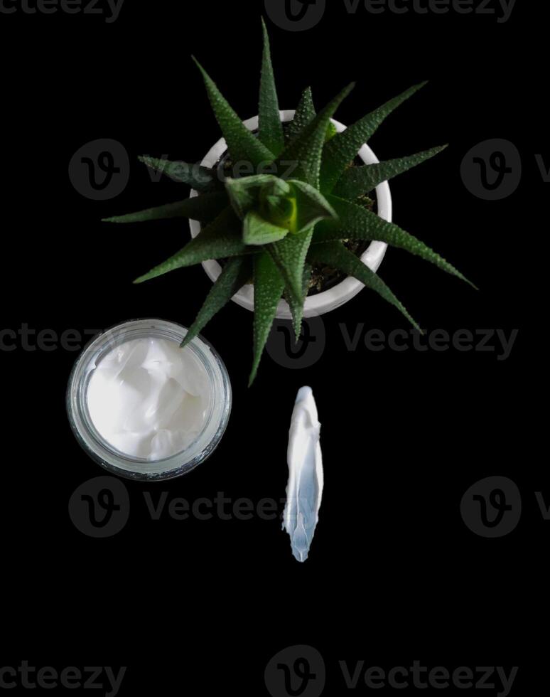 Natural organic face cream isolated on black with copy space. Cosmetics based on natural ingredients without preservatives. Concept of self-care and caring for the environment photo
