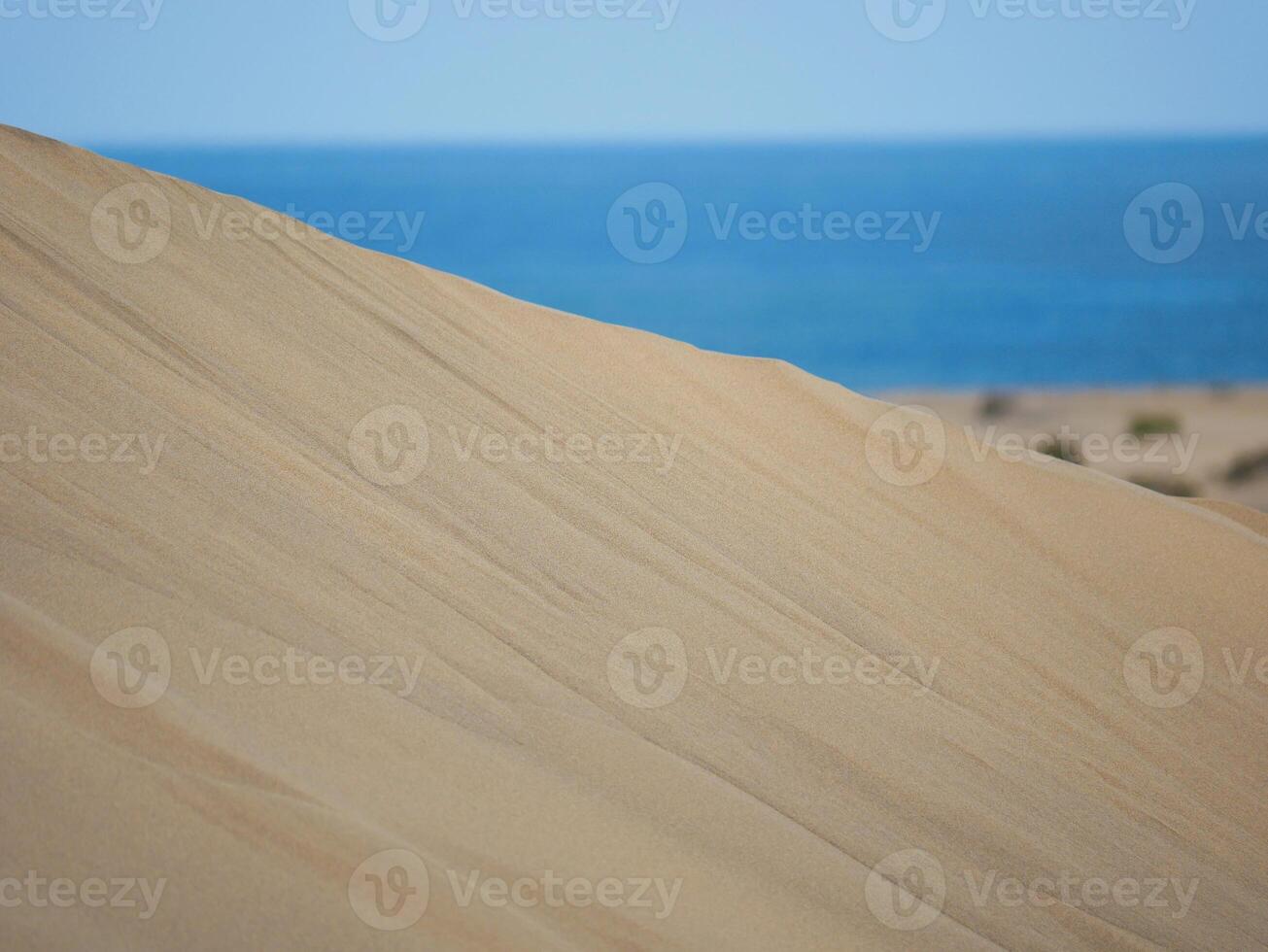 Sand textured pattern with copy space close up in Maspalomas, Gran Canaria. Abstract background wallpaper. Sand waves in a desert dune at the background of the sea photo