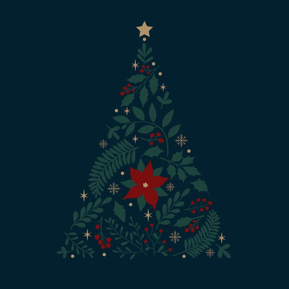 Christmas tree filled with floral ornament isolated on dark background vector