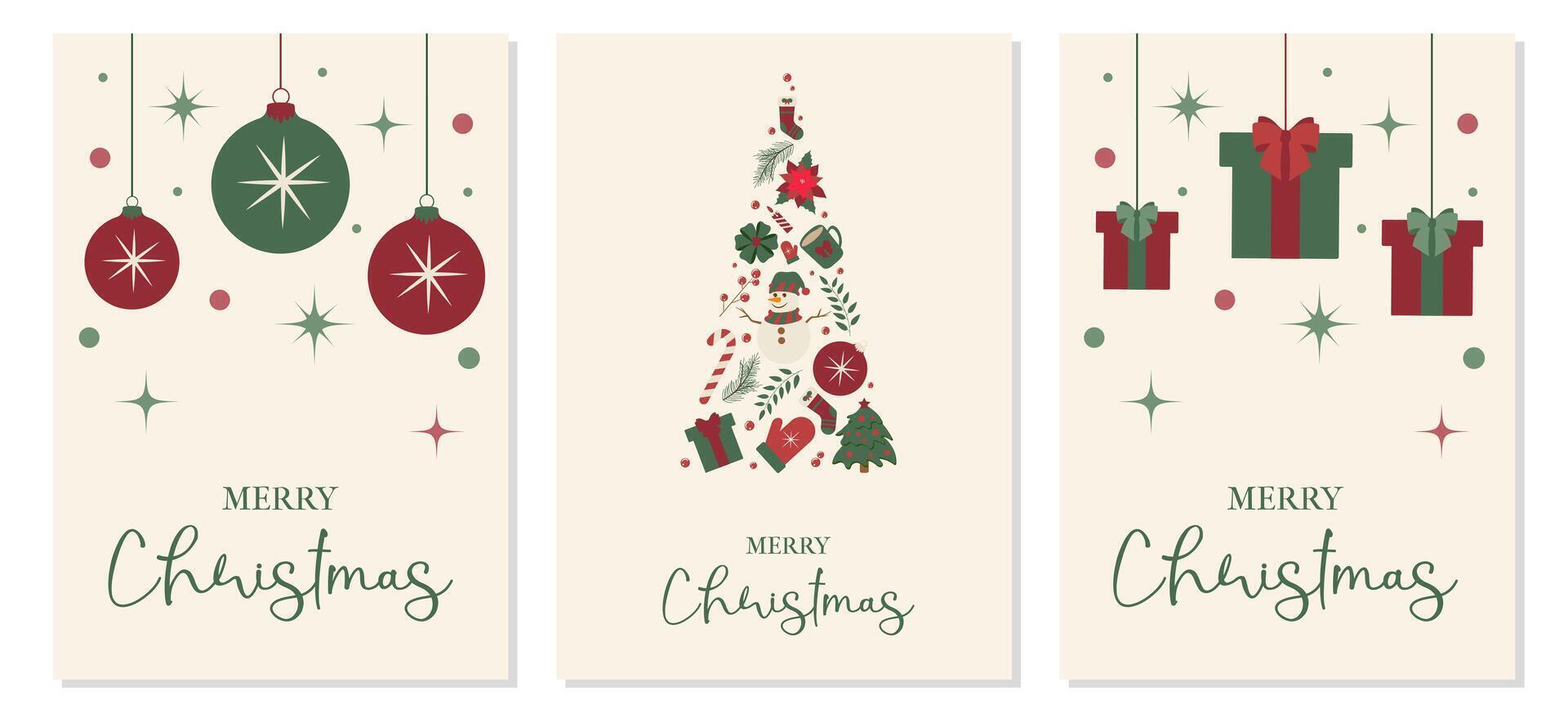 Trendy poster set Xmas tree, balls and gift boxes in modern style. Illustration Modern Merry Christmas, Happy New Year cards. Minimalist concept web design, social media banner, template. vector