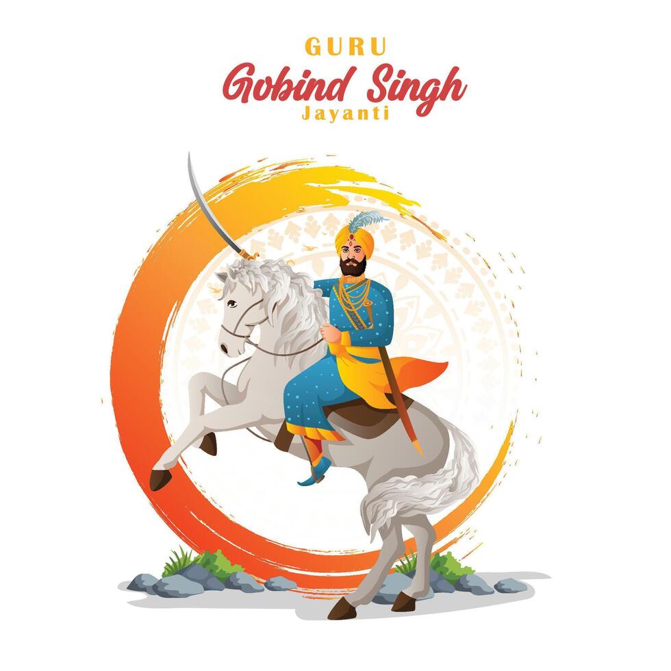illustration of guru gobind singh jayanti riding a white horse with gradient color concept vector