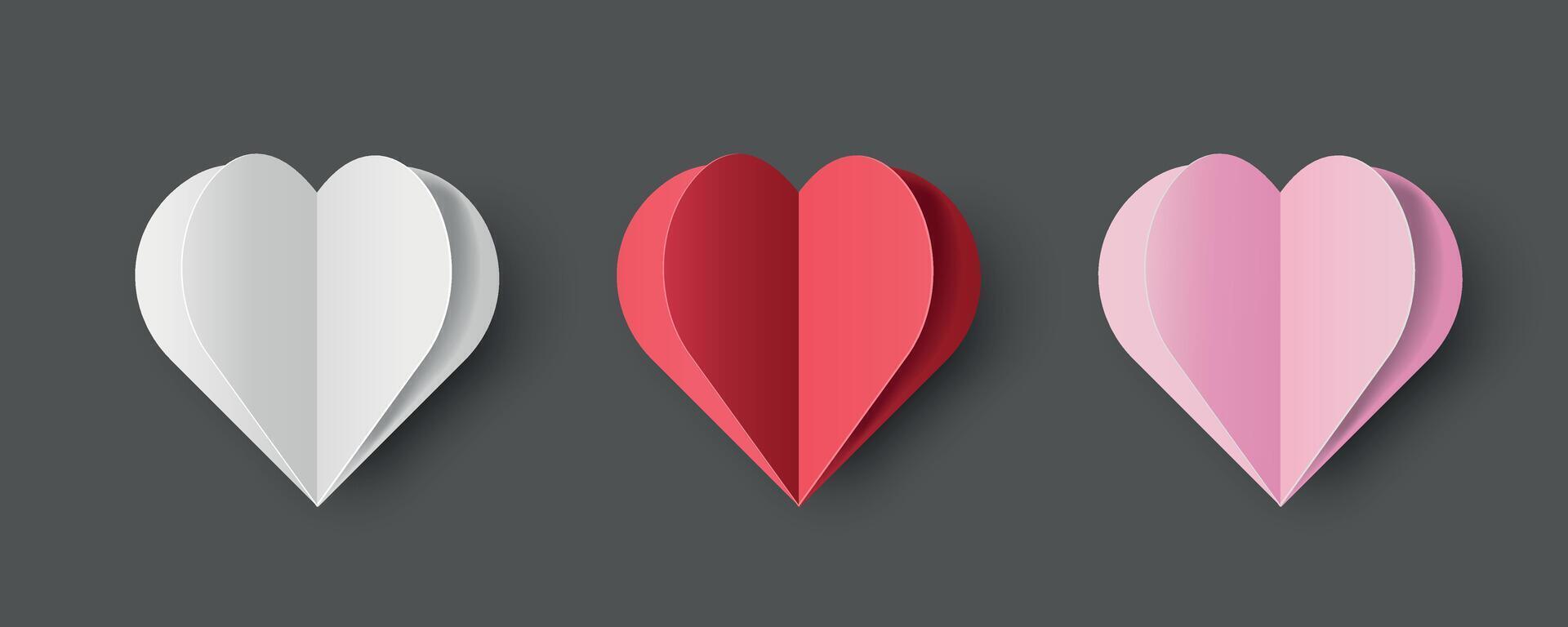 Valentine's day white pink red Paper Cut Hearts set isolated. Illustration Gradient Love Symbol, Valentin icons. Design Concept for Greeting decorations Card, Poster, Banner, Web, Social Media. vector