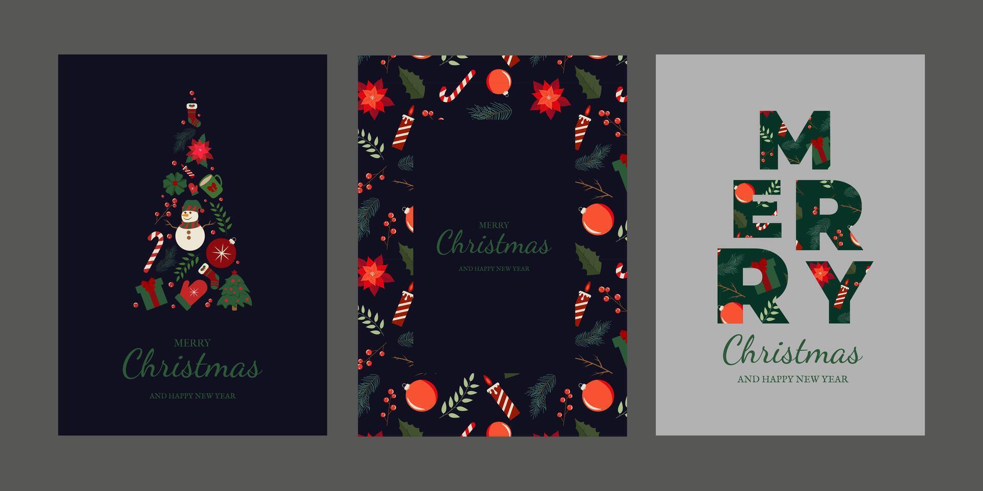 Trendy poster blue Xmas tree and greeting text lettering in modern style. Illustration Modern Merry Christmas, Happy New Year cards. Minimalist concept web design, social media banner, template vector