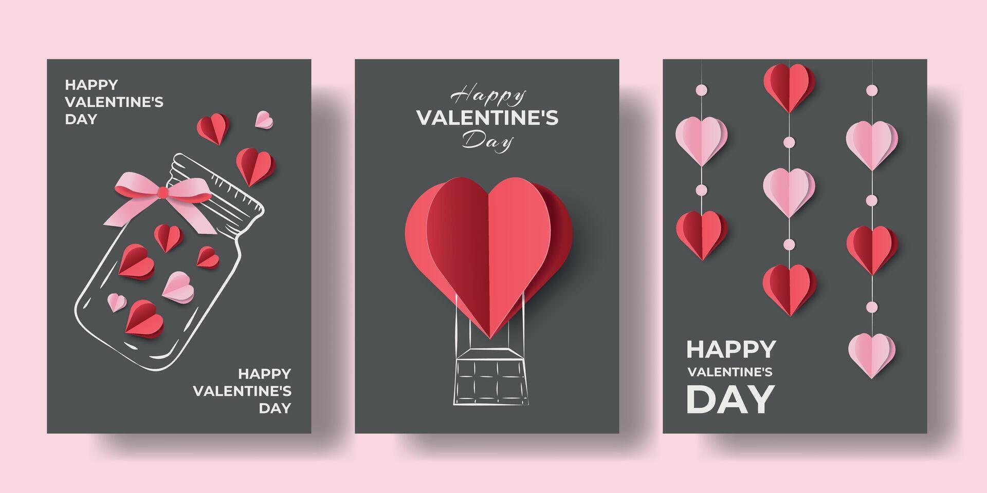 Happy Valentine's Day concept posters set. 3d red and pink paper cut hearts with modern typography. llustration Design template for love greeting card, web, social media, advertising, stories. vector