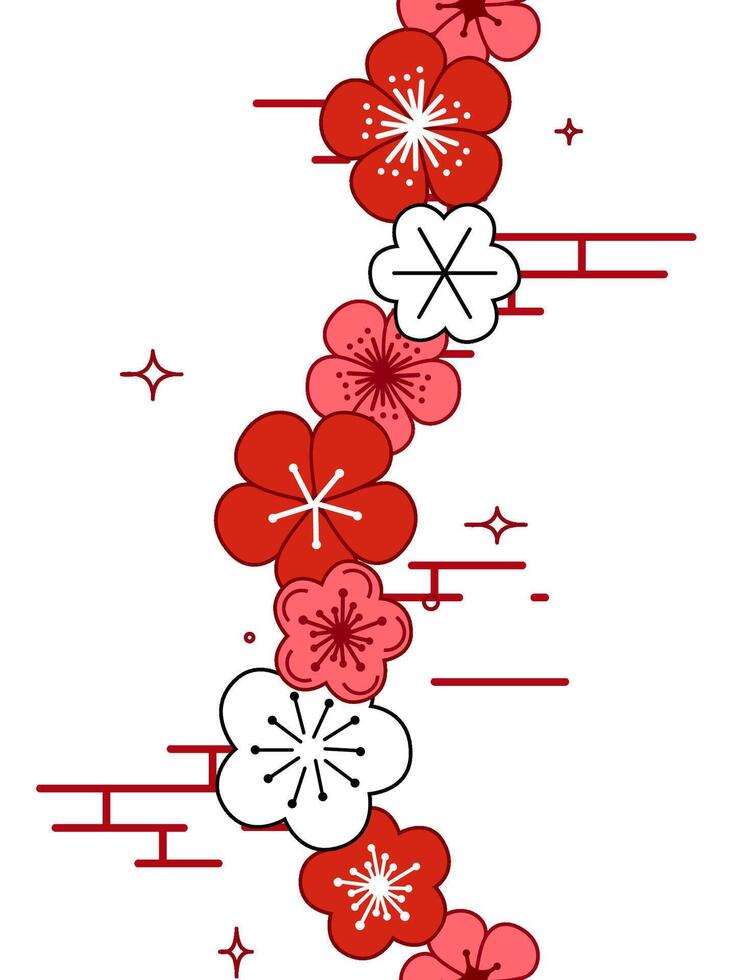 Blossoming sakura, cherry or apple buds and flowers vertical seamless border, pattern. illustration on white background vector