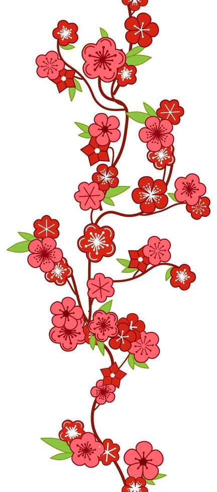 Pink blossoming cherry branch vertical seamless border, pattern. graphic illustration vector