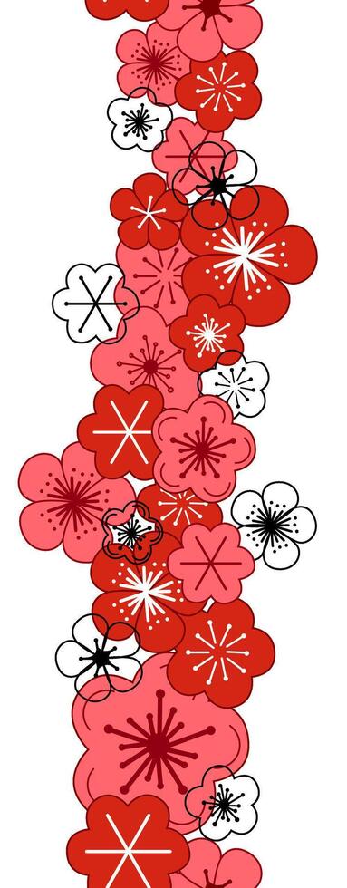Sakura blossom vertical seamless border pattern. Cherry flowers dividers, spring sakura blossom decorative frame flat illustration. Japanese floral elements design vector