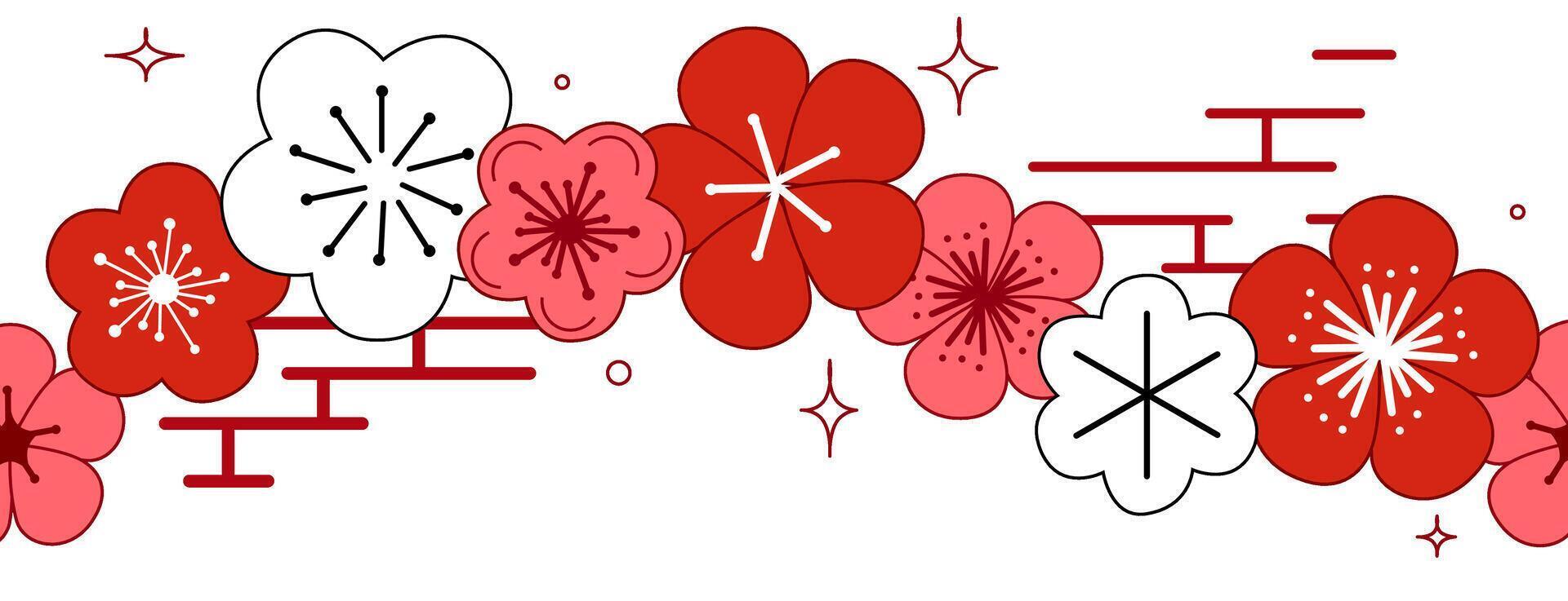 Graphic sakura blossom seamless border, horizontal pattern. Background with blossom cherry tree branches. Hand drawn japanese flowers on white background. illustration vector