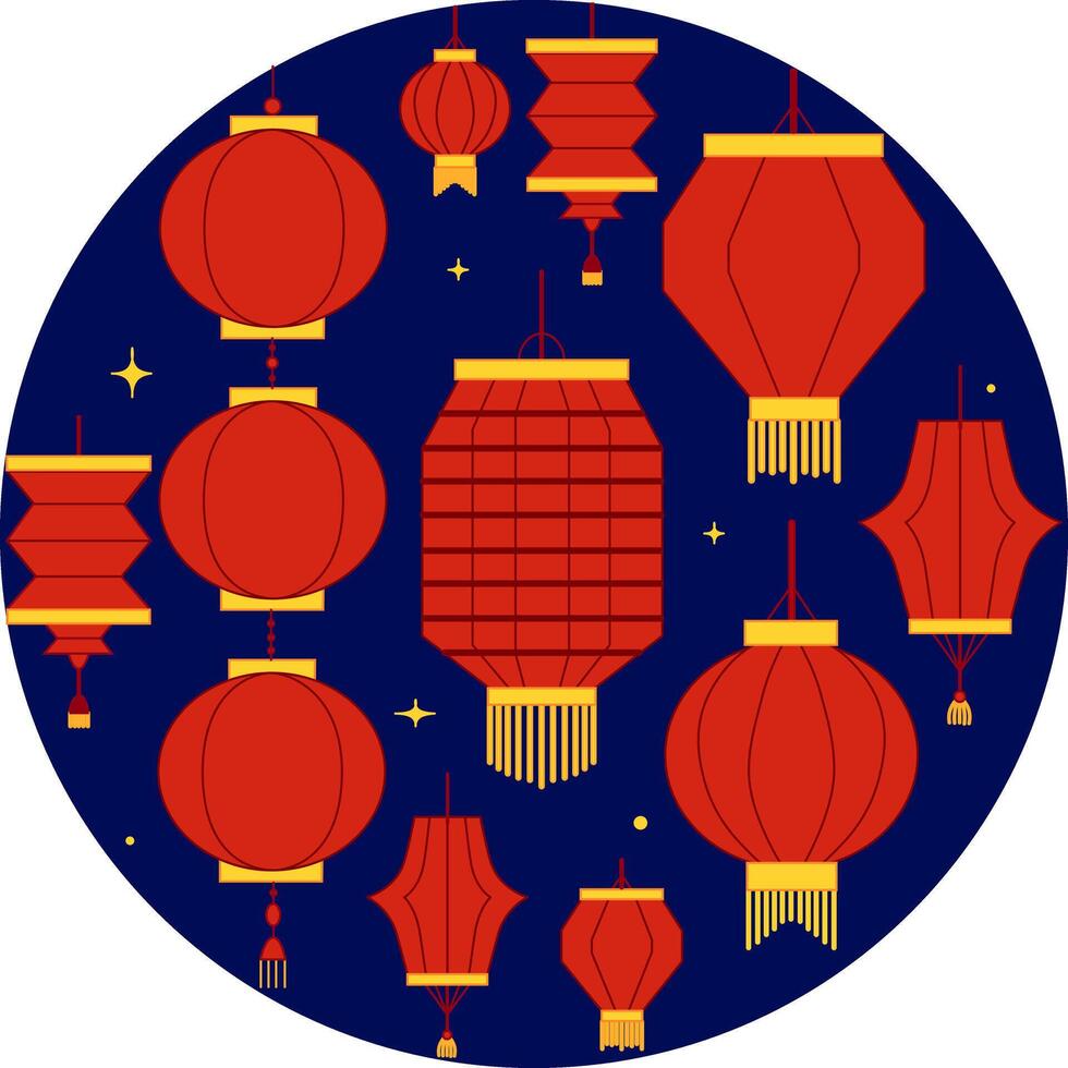 Oriental Asian red paper lanterns isolated on dark background in circle round composition. Perfect for any holiday in Asian style. graphic vector