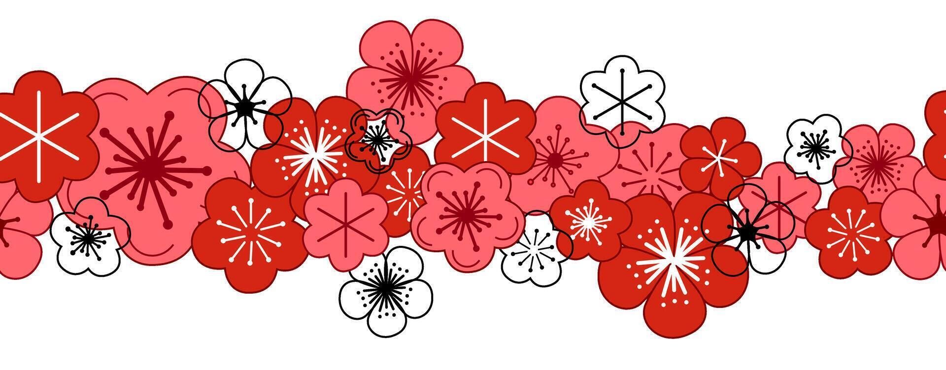 Blossoming sakura, cherry or apple buds and flowers seamless border, pattern. Spring blossoms, springtime graphic clipart. Hand drawn isolated illustration on white background vector