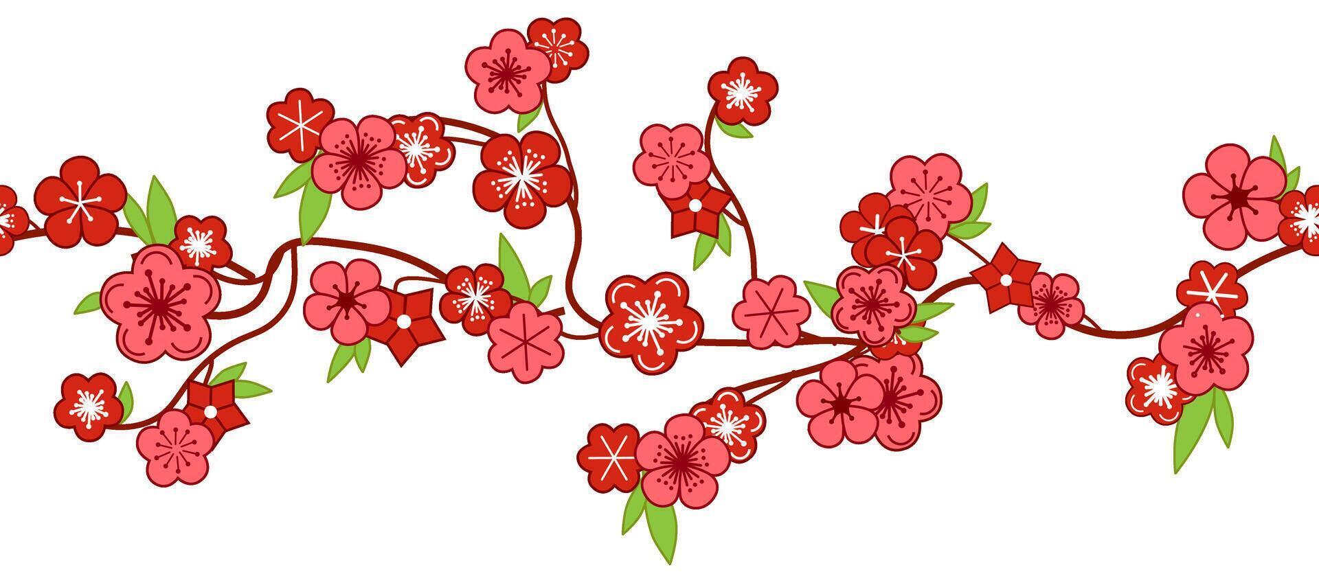 Blossoming branch from tree, sakura, cherry or apple buds and flowers seamless border, pattern. Spring blossoms, springtime graphic clipart. Hand drawn isolated illustration on white background vector