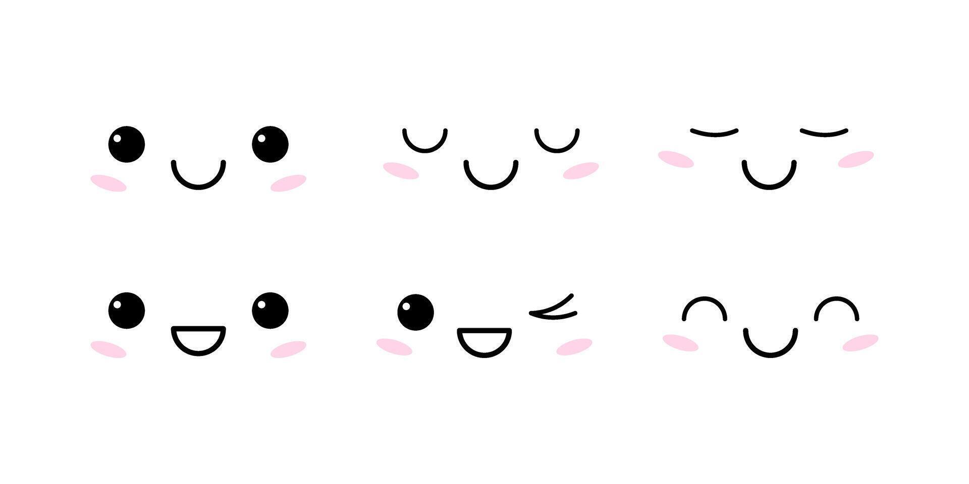 Kawaii facial expressions of joy, happiness, calmness, peace. illustration of simple positive emotions character with eyes and mouth. vector