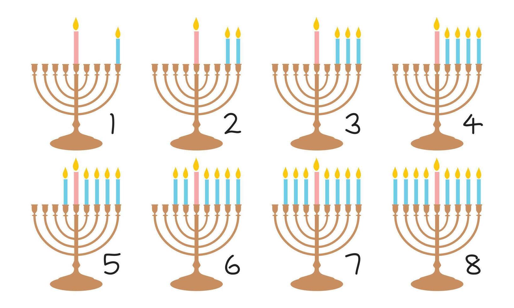 8 nights of Hanukkah. Menorah series starting with first night and ending with eight. Flat illustration isolated on white. illustration vector