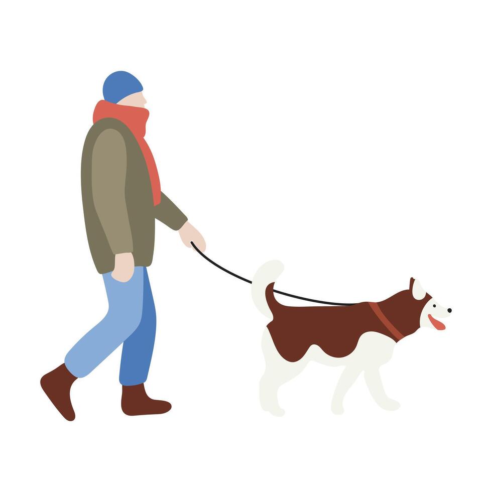 Man in warm clothes walking with his dog. Winter time. illustration in flat style isolated on white background. vector