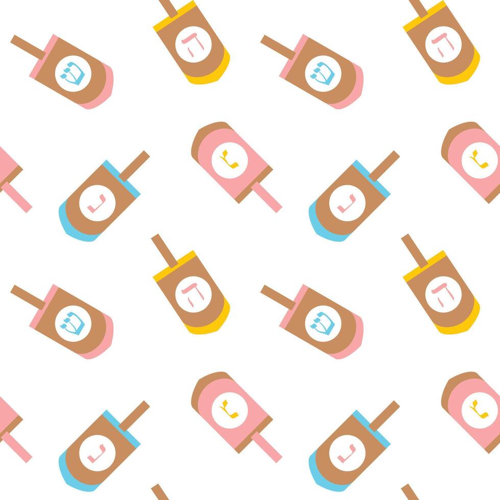 Cute Seamless Pattern Of Colorful Wooden Dreidels Traditional Hanukkah Game For Kids. White Background. Flat Style. illustration vector