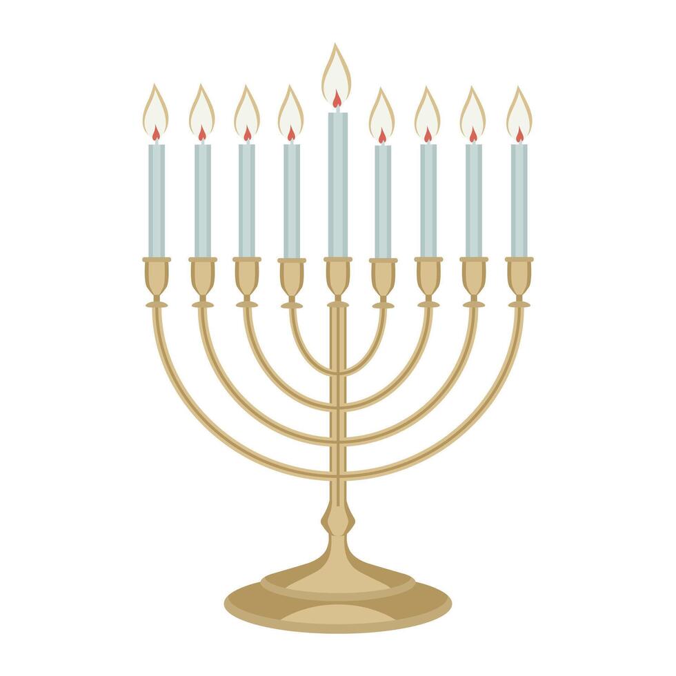 Hanukkah menorah candelabrum with nine burning candles isolated on white background. Flat style. . illustration vector