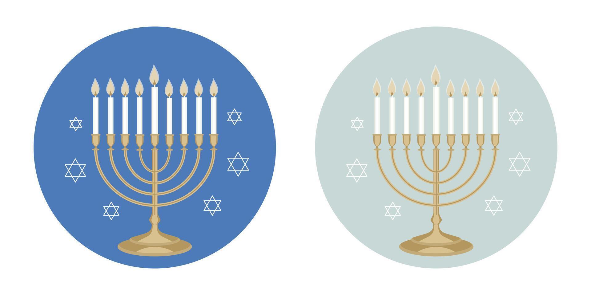 Jewish Holiday Hanukkah Stickers With Traditional Menorah 9 Candles Isolated On White Background. Flat Style. illustration vector