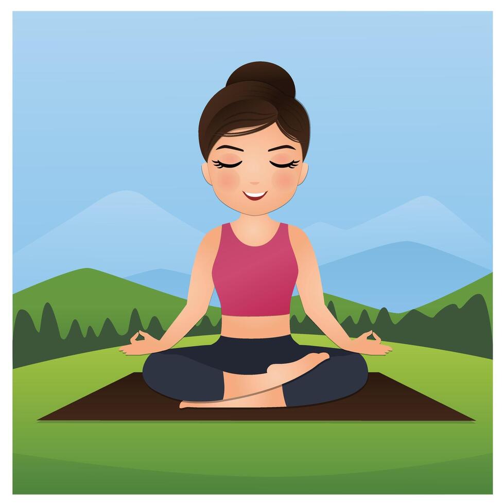 Cute cartoon relaxing young girl practices yoga and meditates vector