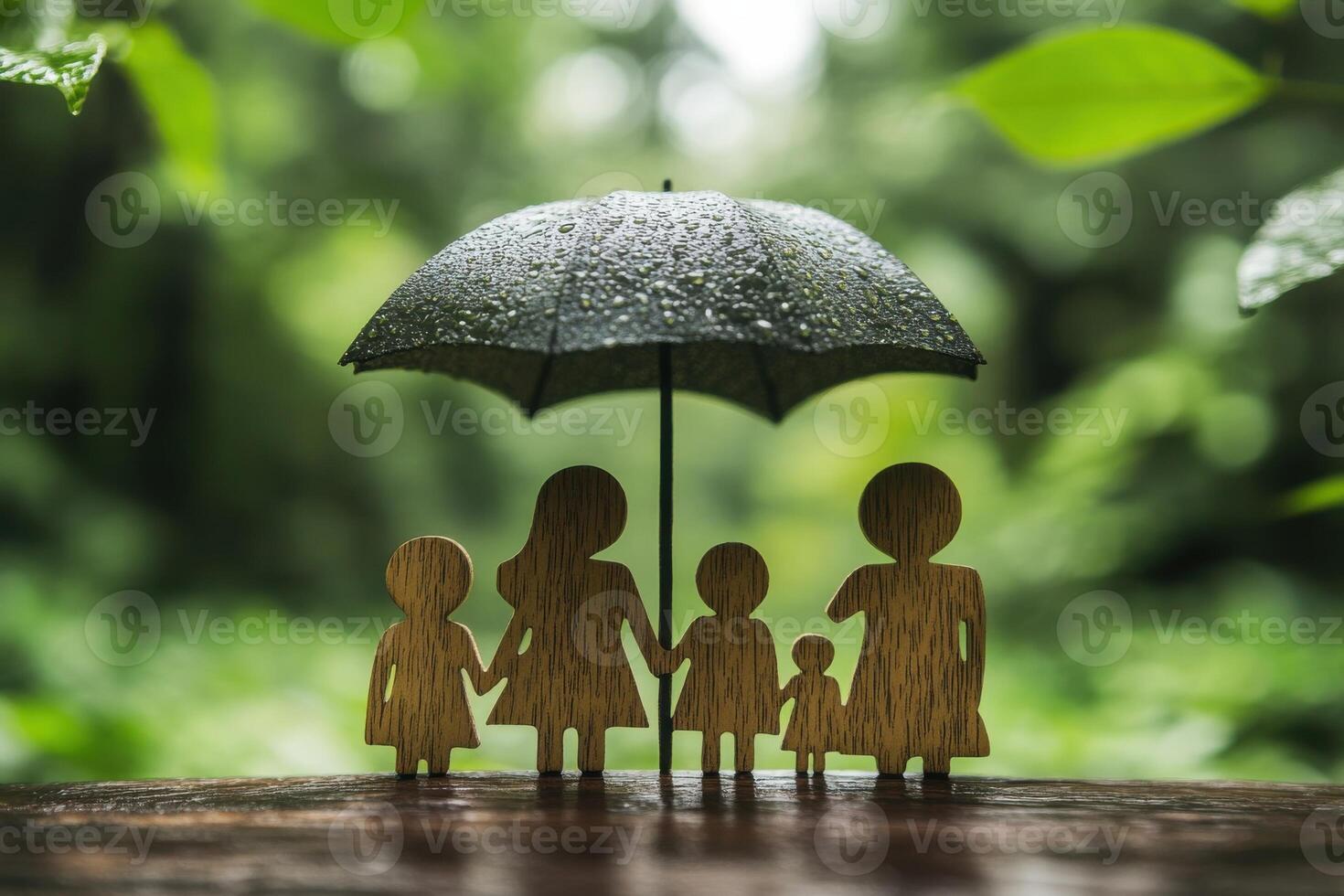 Family Concept with Wooden Figures Under Umbrella in Nature, Symbolizing Protection, Togetherness, and Love in a Rainy Setting, Surrounded by Greenery and Serenity photo