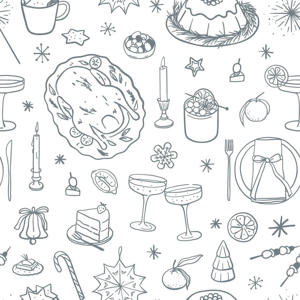 Seamless pattern with Christmas dinner elements. Hand drawn festive dishes. Sketch style design for fabric, textile, wrapping paper, gift paper vector