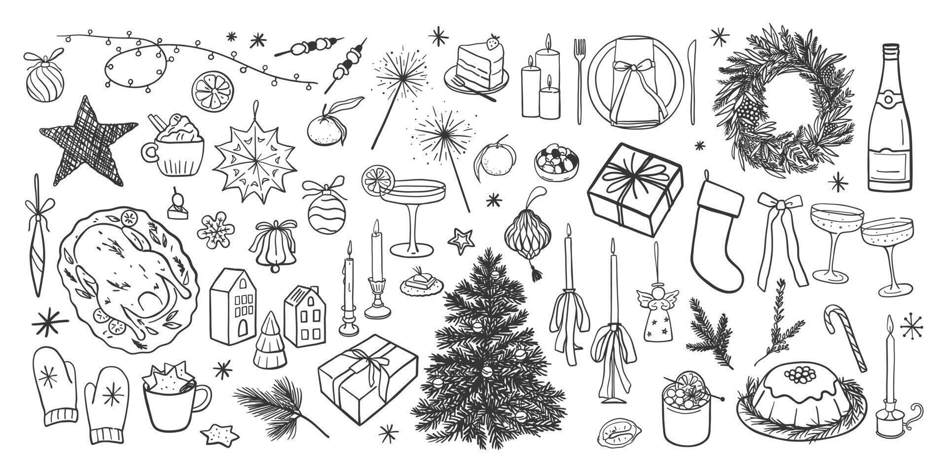 Hand drawn doodle style Christmas set. Simple black and white holidays elements for card, poster, packaging, social media vector