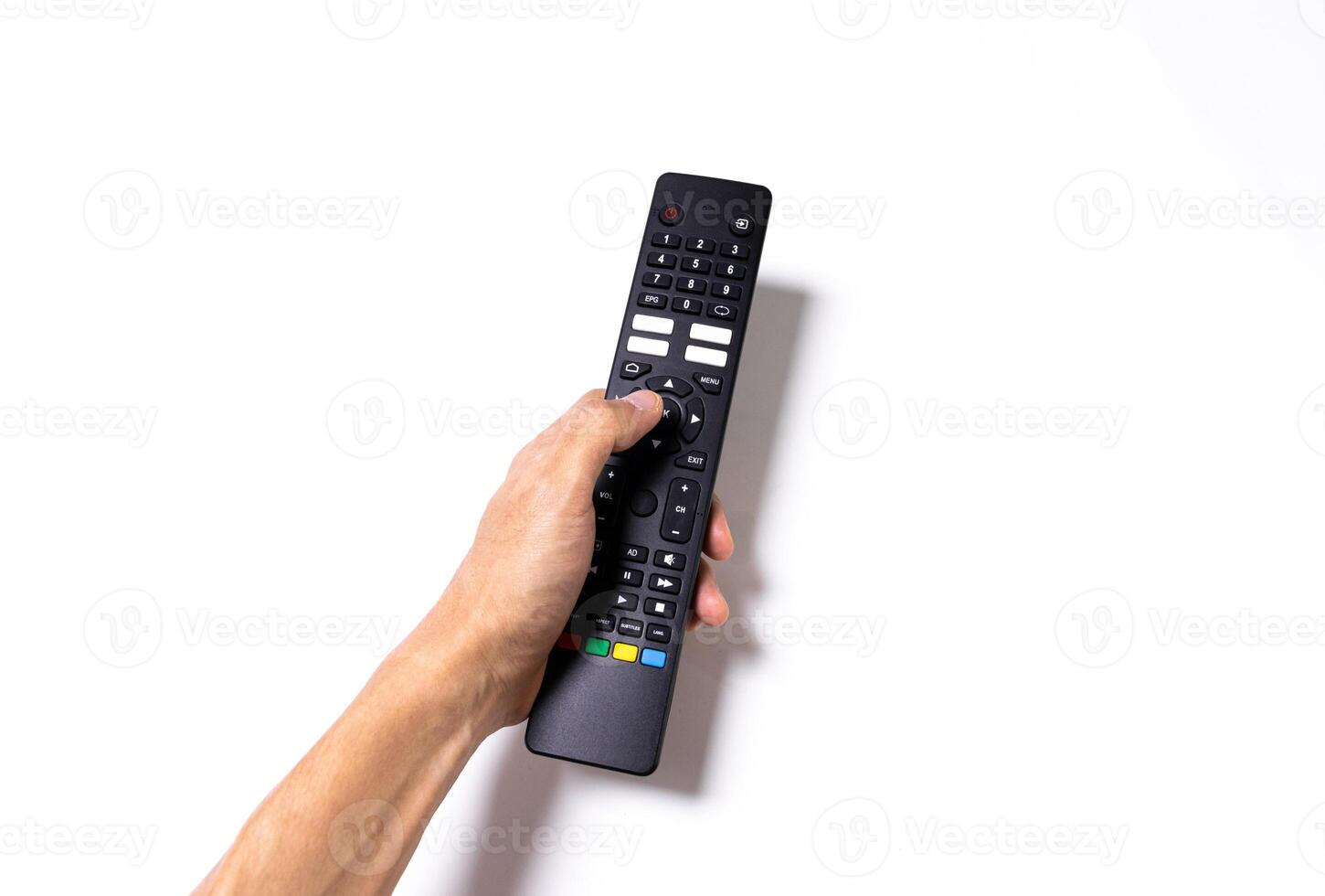 Hand holding TV remote control isolated on white background. After edits. photo
