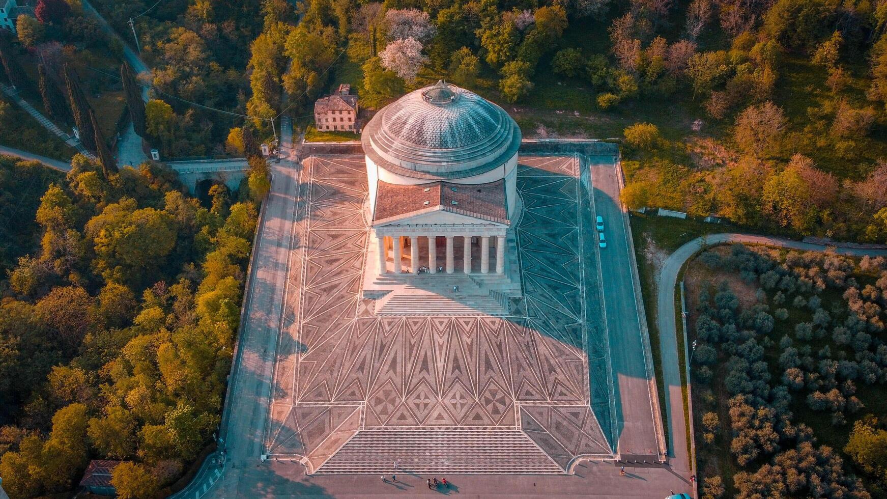 Possagno, VI, 2024, neoclassical temple in a natural context aerial view. Neoclassical architecture designed by Antonio Canova. Temple of Possagno in Veneto photo