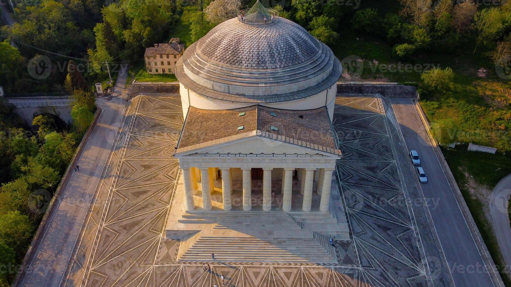 Possagno, VI, 2024, neoclassical temple in a natural context aerial view. Neoclassical architecture designed by Antonio Canova. Temple of Possagno in Veneto photo