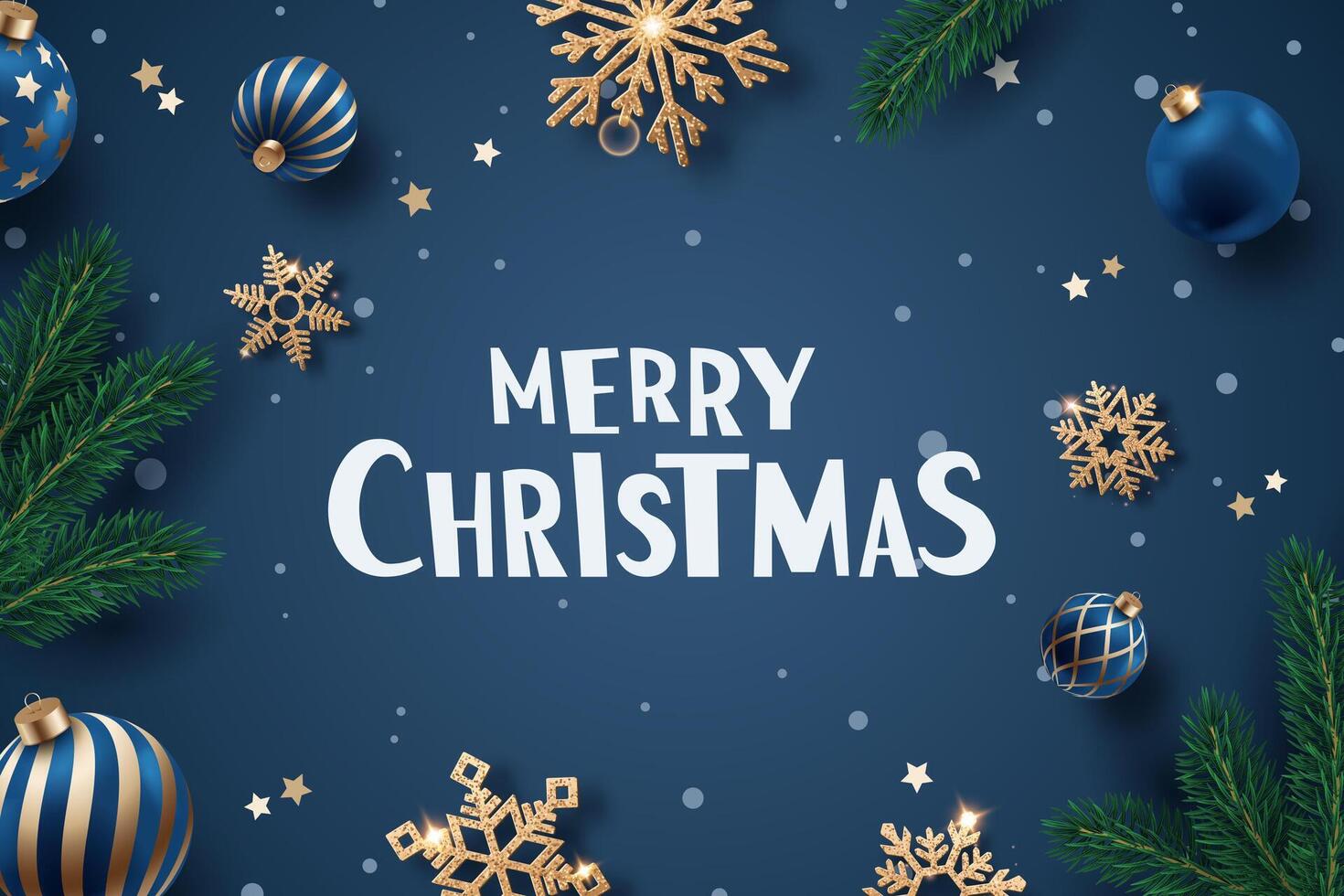Christmas card with gold snowflakes, blue ornaments, pine branches on a dark blue background vector