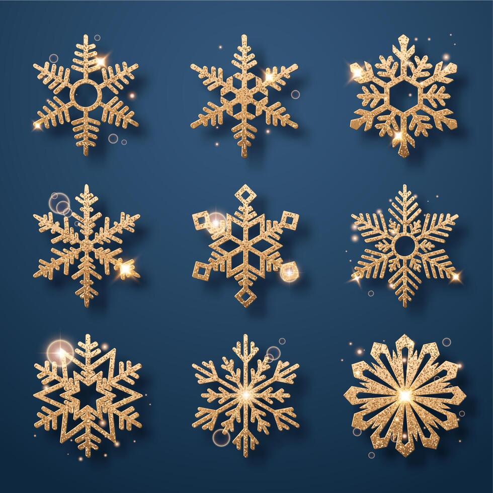 Set of sparkling glitter golden snowflakes on a navy background vector