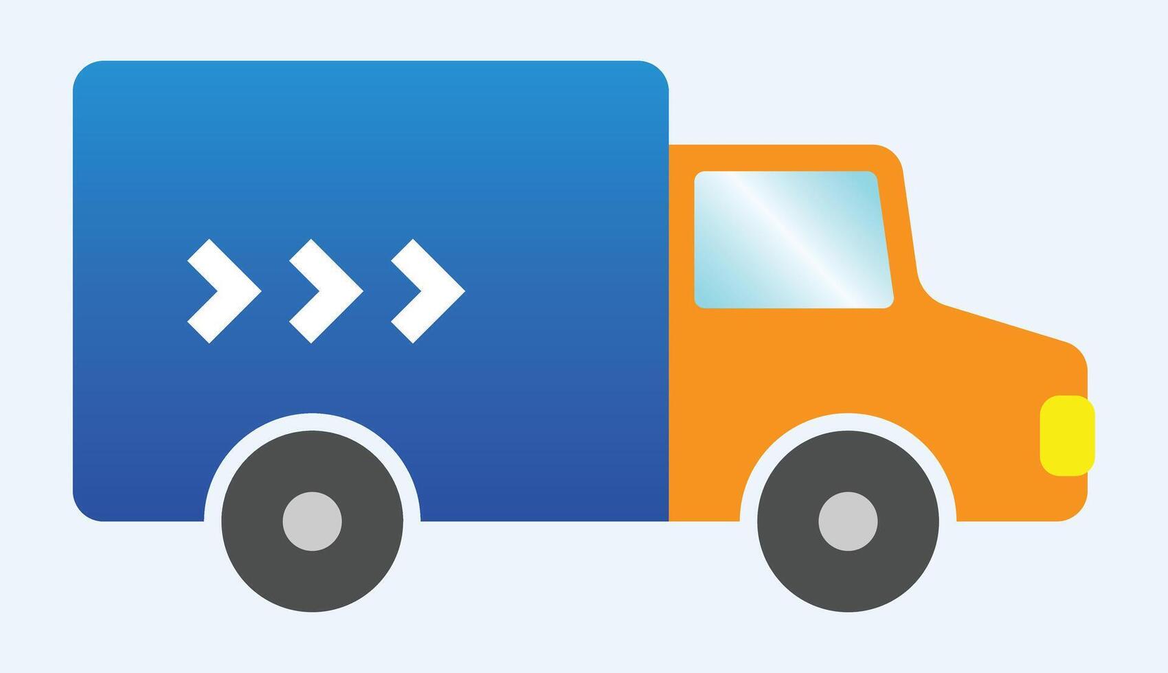A truck with an orange cab and a blue cargo area. Three white arrow symbols point right on the cargo area, symbolizing movement or progress, suitable for delivery or logistics themes and icon and logo vector