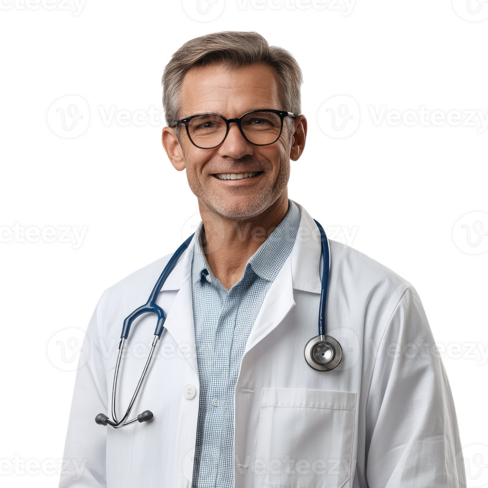 A handsome doctor smiling, wearing glasses and white coat with stethoscope around his neck isolated on clear Transparent background png