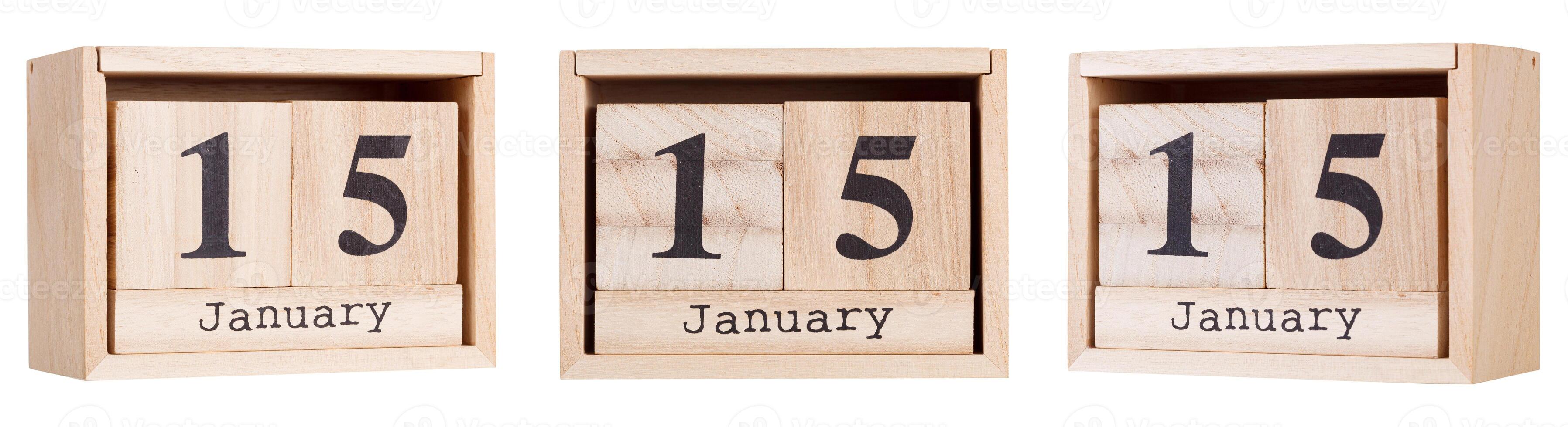 Wooden calendar, a set of dates of the month 15 January, on a white and transparent background photo