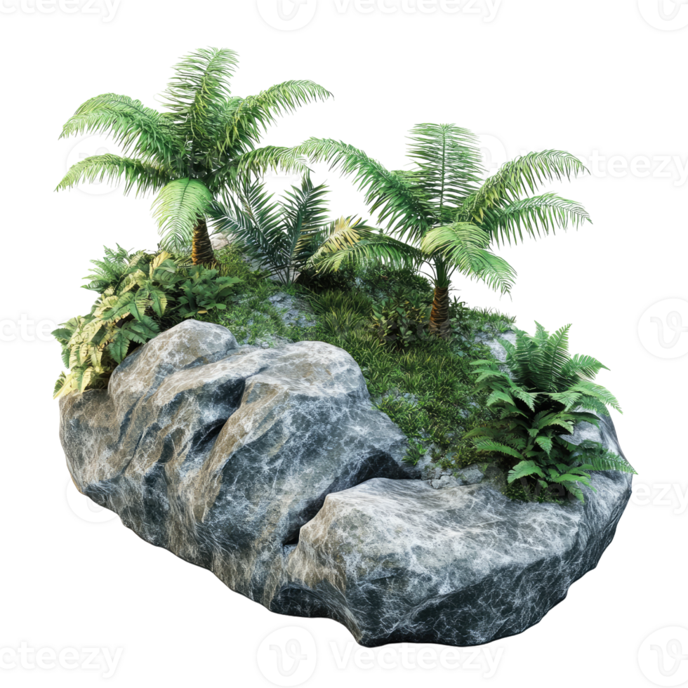 a garden rock with ferns and palm tree, Transparent background, png