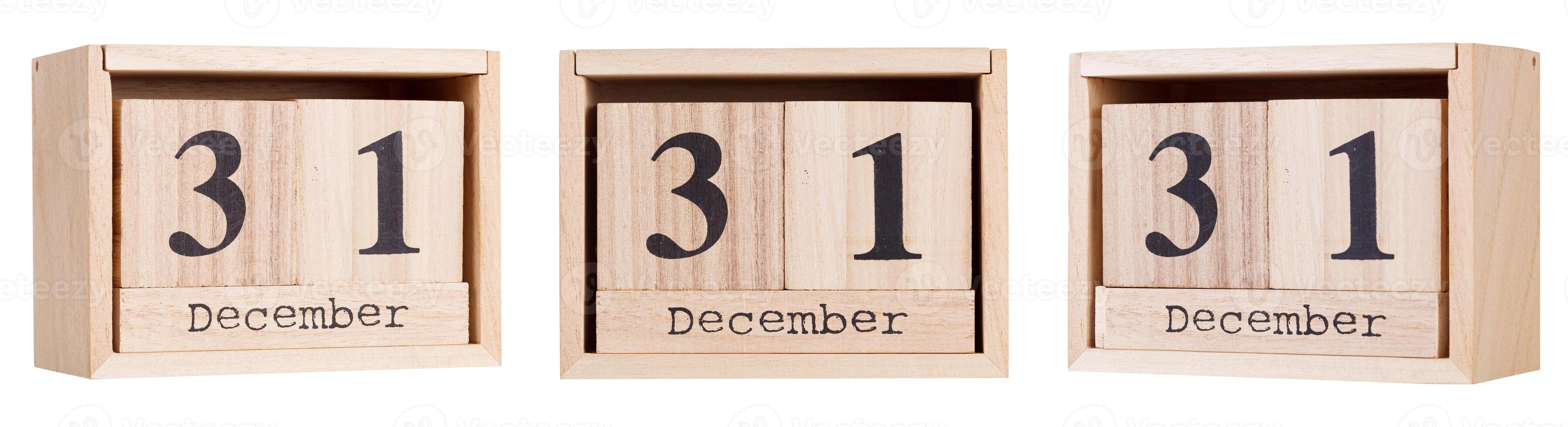 Wooden calendar, a set of dates of the month 31 December, on a white and transparent background photo