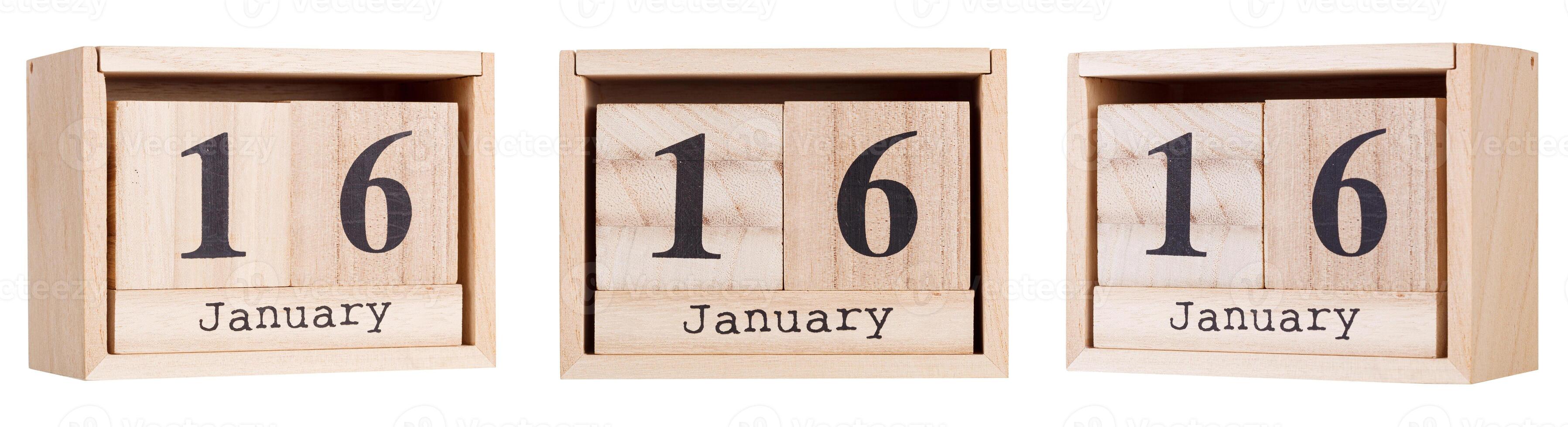 Wooden calendar, a set of dates of the month 16 January, on a white and transparent background photo