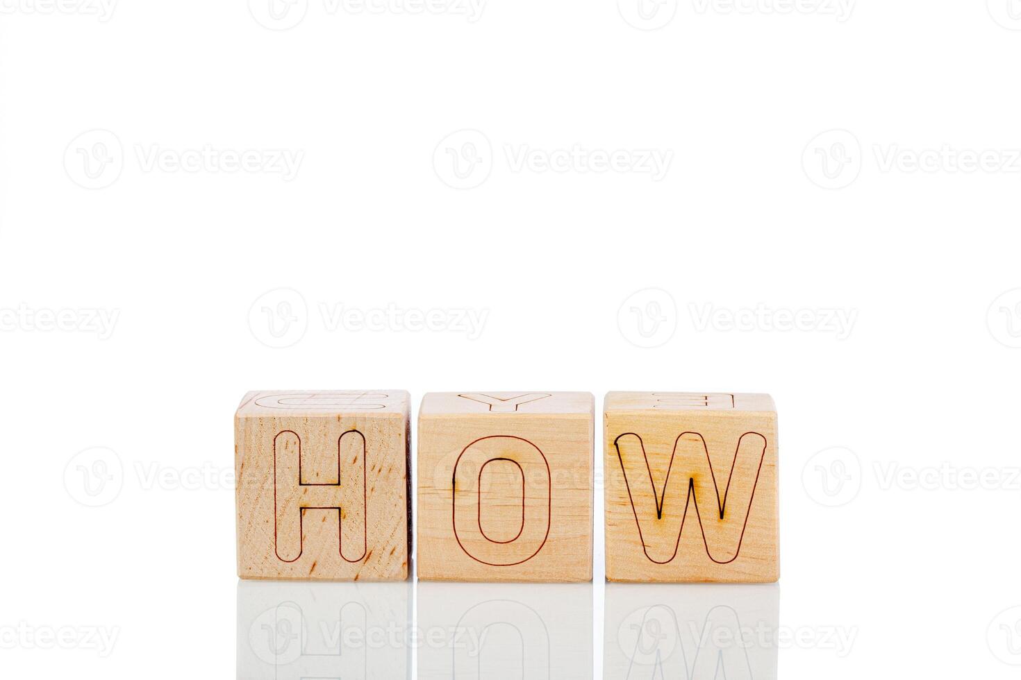 Wooden cubes with letters how on a white background photo