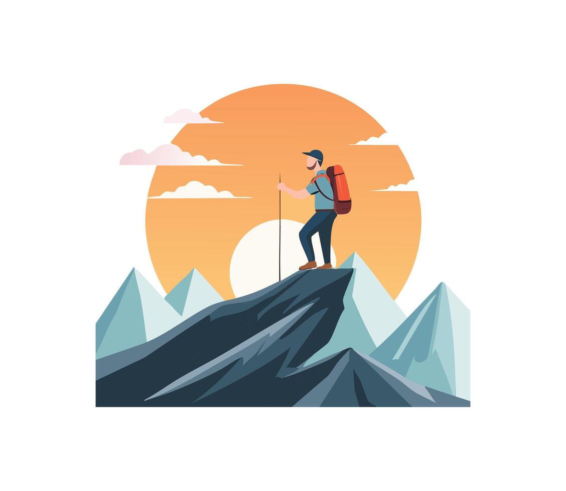 Hiker reaching the top at sunrise vector