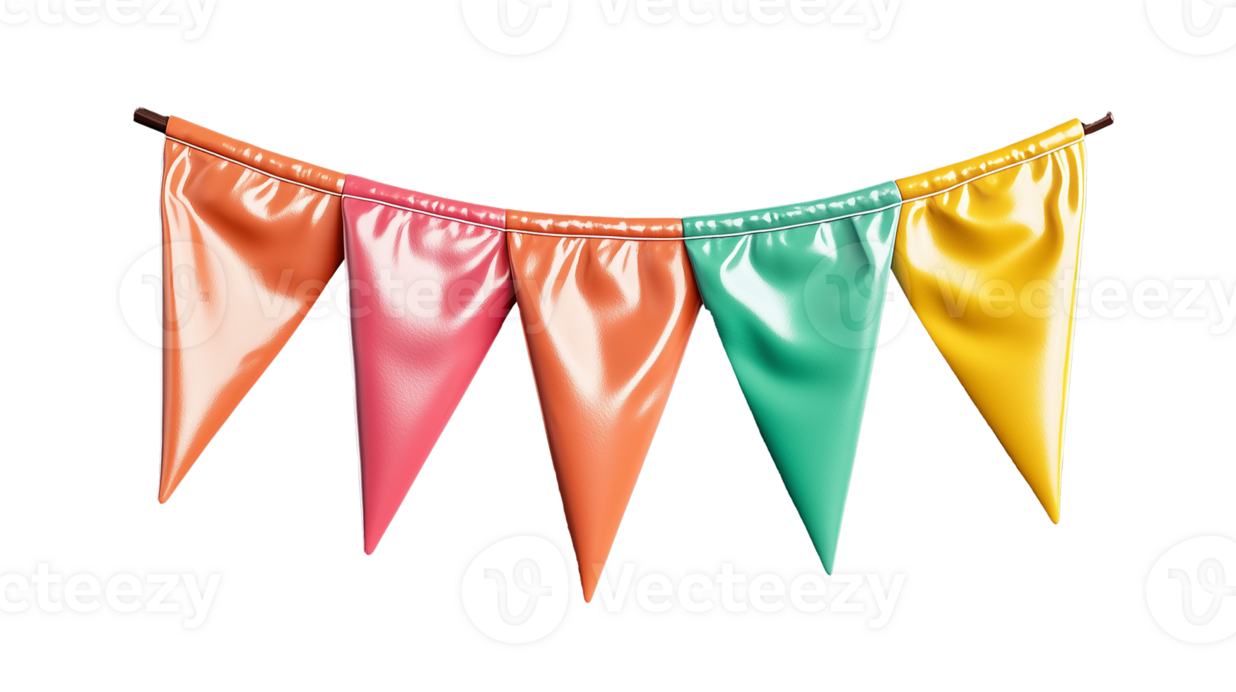 Colorful party bunting flags in vibrant hues hanging decoratively on transparent background png