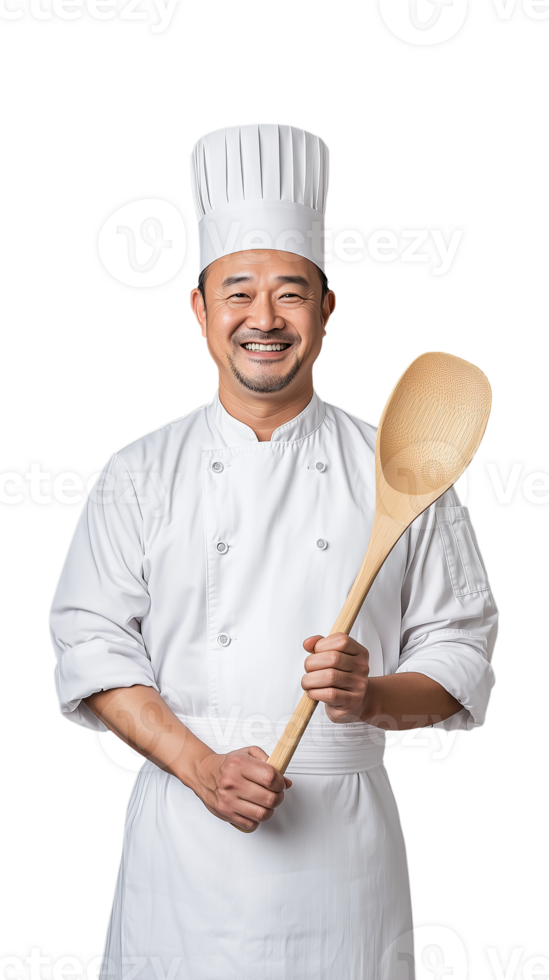 Professional chef holding wooden spoon in white uniform on transparent background png