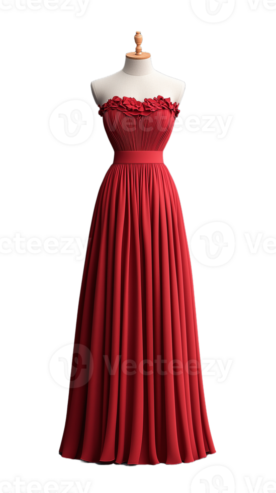 Elegant red evening gown with floral details and pleated skirt on transparent background png