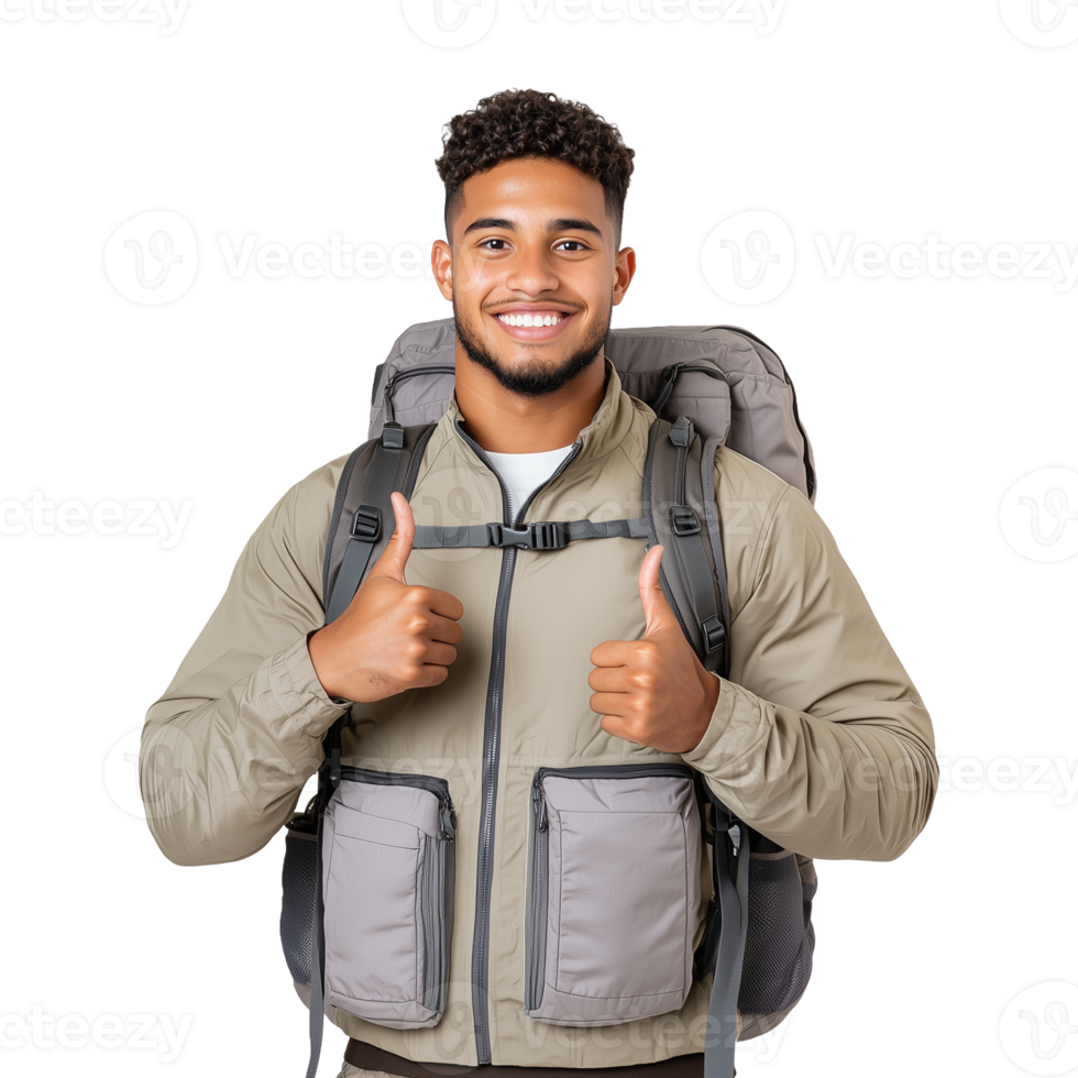 Young man with backpack giving thumbs up on transparent background png