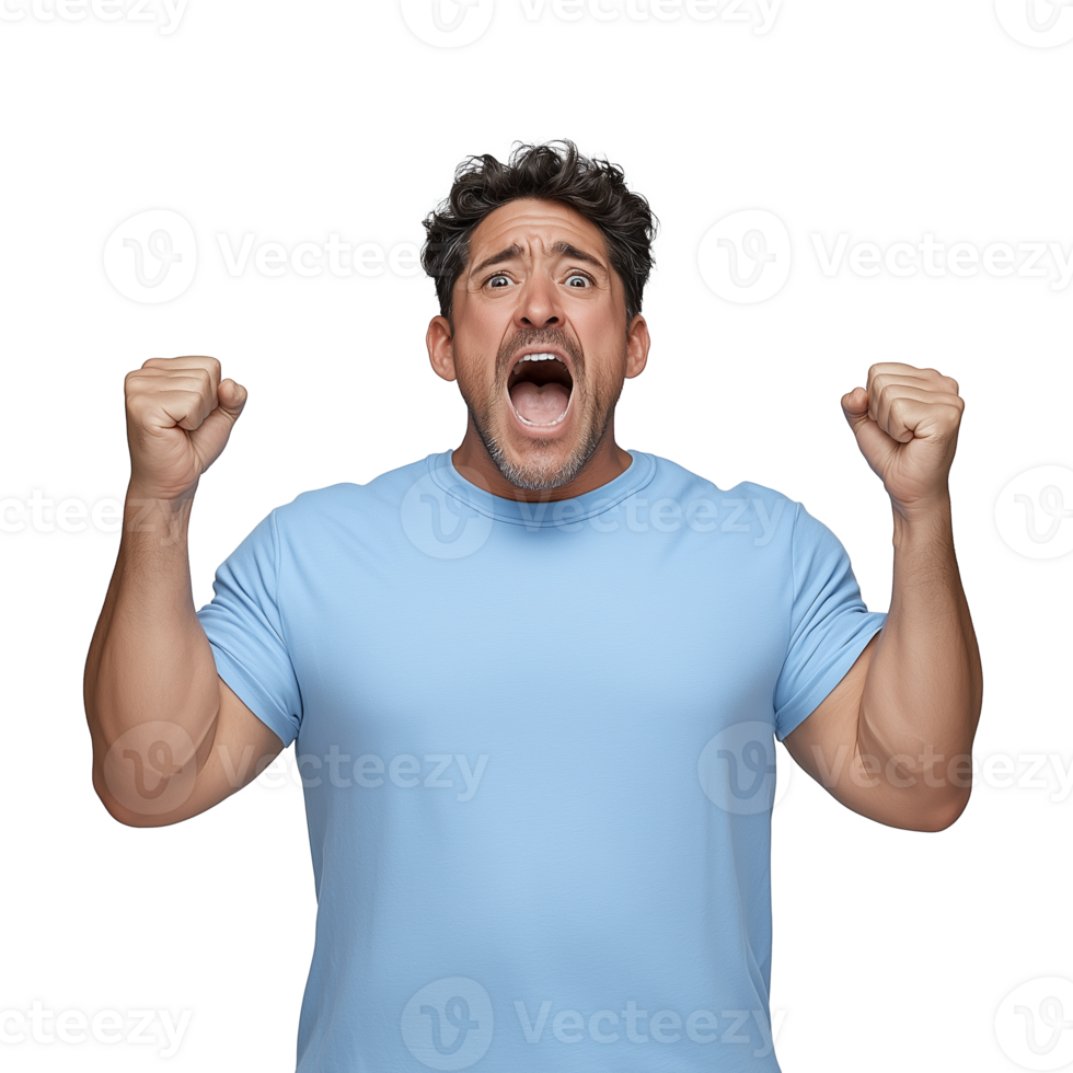 Excited man celebrating with raised fists on transparent background png