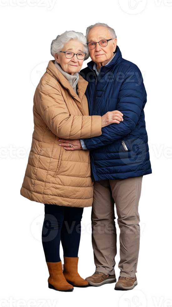 Elderly couple embracing in warm winter coats on transparent background png