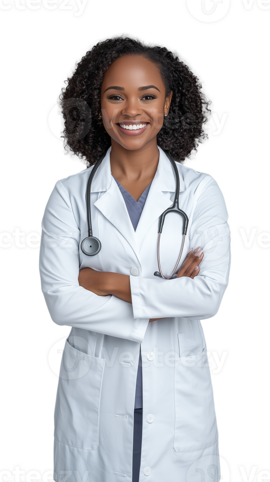 Confident female doctor smiling with stethoscope on transparent background png